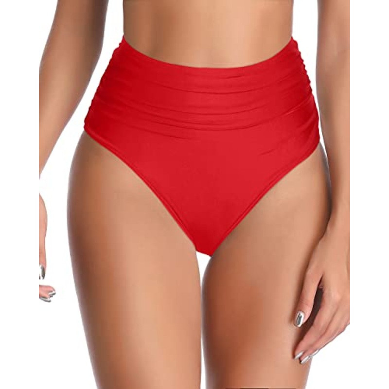 High Waisted Retro Bikini Bottom Tummy Control-Red