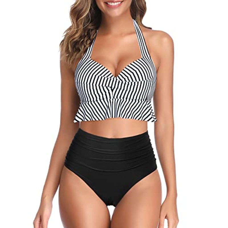 High Waisted Tummy Control Push Up Ruffle Bikini Set-Black And White Stripe