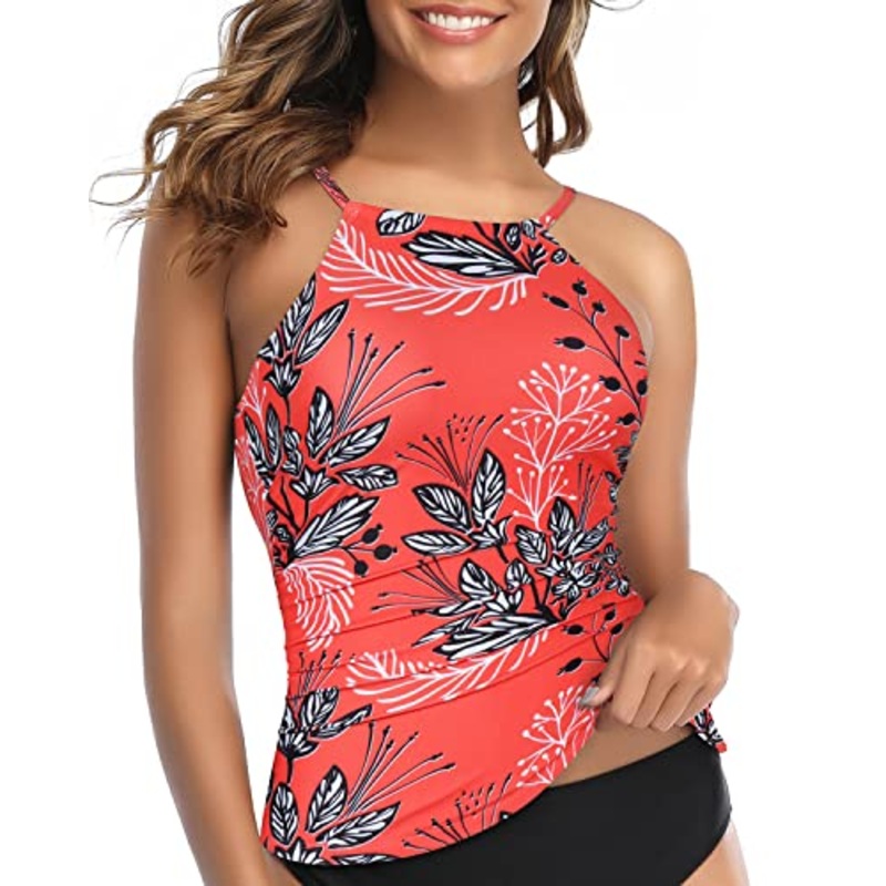 Match Different Bikini Bottom Women Tankini Top Only-Red Floral