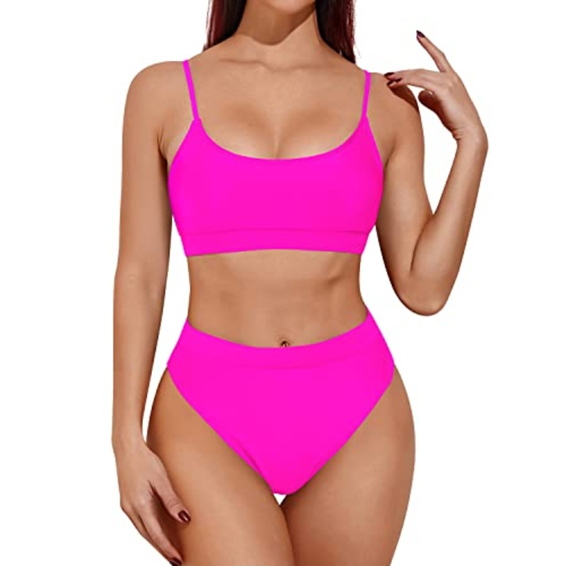 Padded Push Up Bras High Waisted Bikini Sporty Scoop Neck Swimsuits-Neon Pink