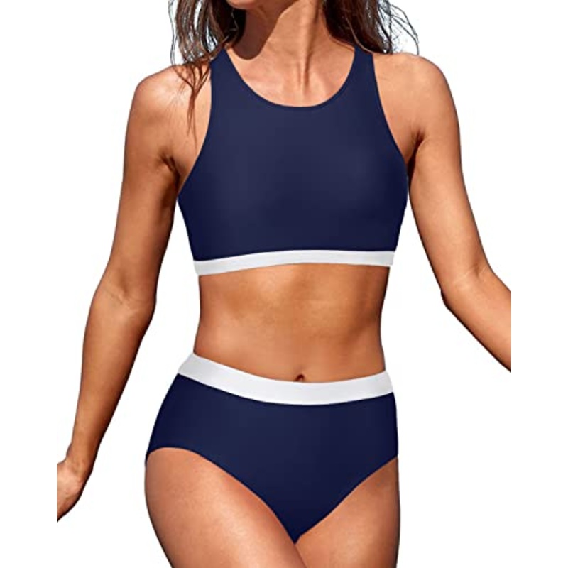 Removable Padded Bra Bikini Set 2 Piece Bathing Suits For Teen Girls-Navy Blue And White