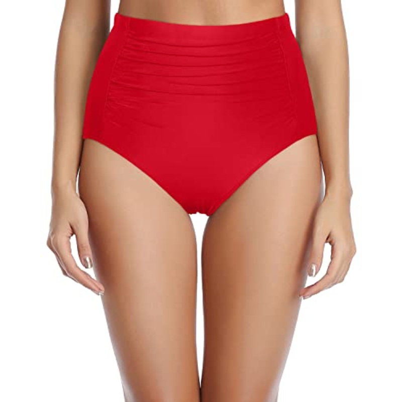 Retro Full Coverage Tankini Shorts High Waisted Bikini Bottoms-Red