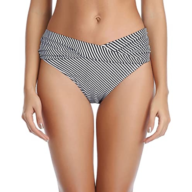 Ruched Bikini Bottom Cheeky High Cut Bathing Suit Bottoms-Black And White Stripe