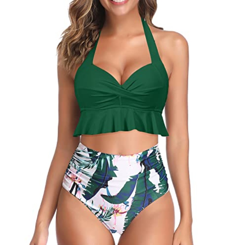 Ruched High Waisted Bikini Two Piece Swimsuits-Green Tropical Floral