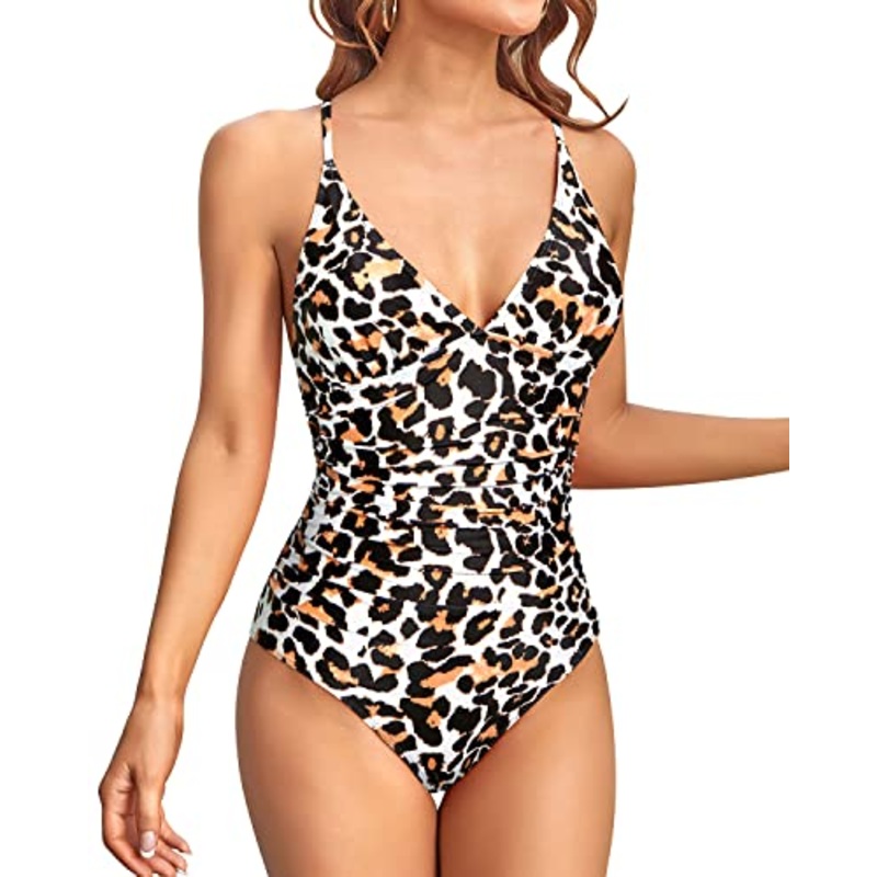Ruched Swimsuits Backless Design For Women-Leopard