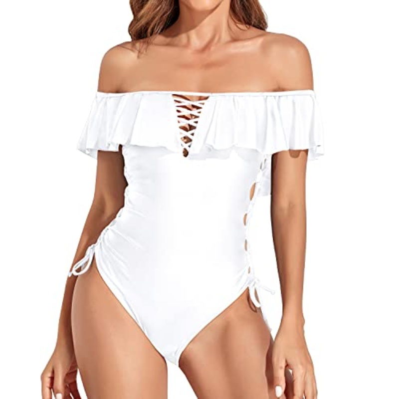 Sexy Off Shoulder Ruffled Flounce One Piece Swimsuit-White