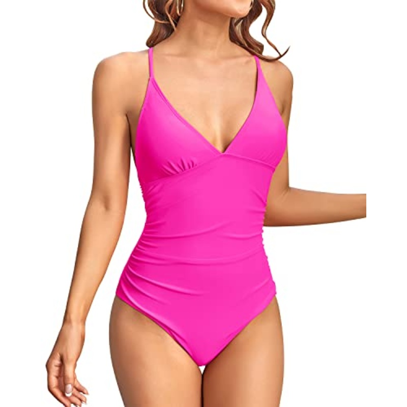 Sexy One Piece Swimsuits Cross-Back Design For Women-Neon Pink
