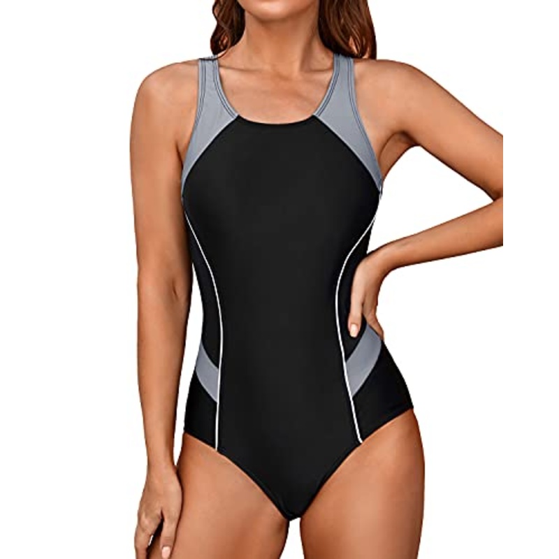 Slimming Bathing Suit Sports One Piece Swimsuit-Black And Grey