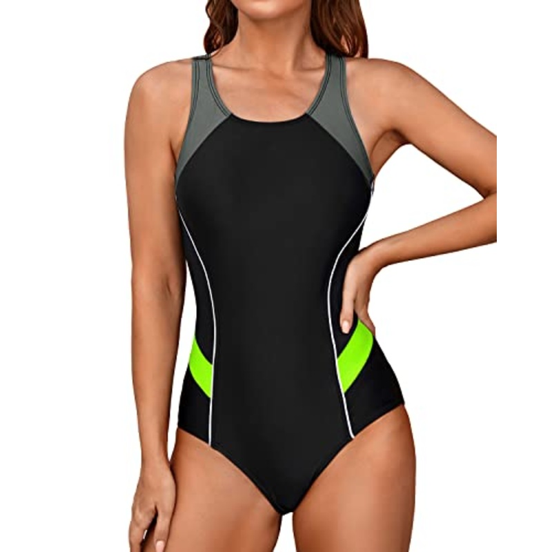 Slimming Crisscross Racerback One Piece Swimsuit-Black Gray Green