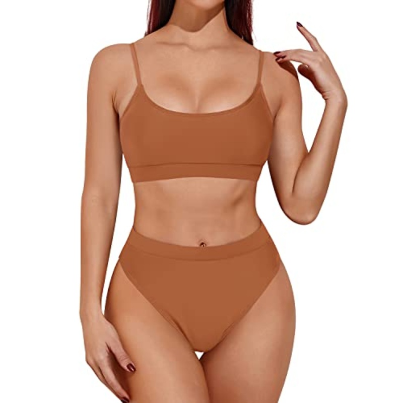 Stretchy Waistband Tummy Control Two Piece High Waisted Bikini-Brown