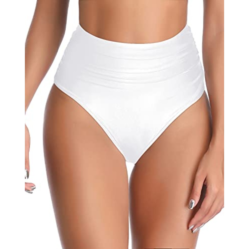 Trendy High Waisted Swimsuit Bottom Full Coverage Bathing Suit Bottom-White