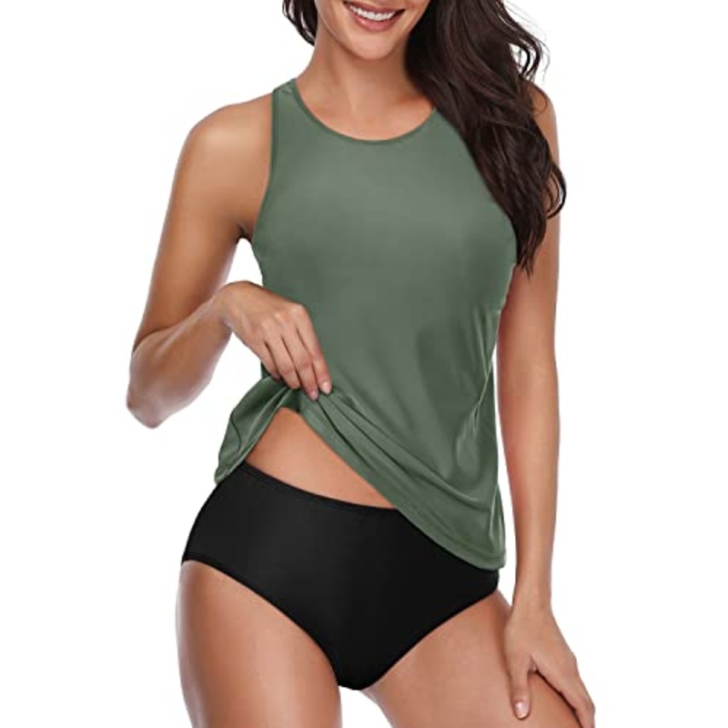 Tummy Control Halter Tankini Swimsuits High Neck Swim Top And Shorts-Olive Green