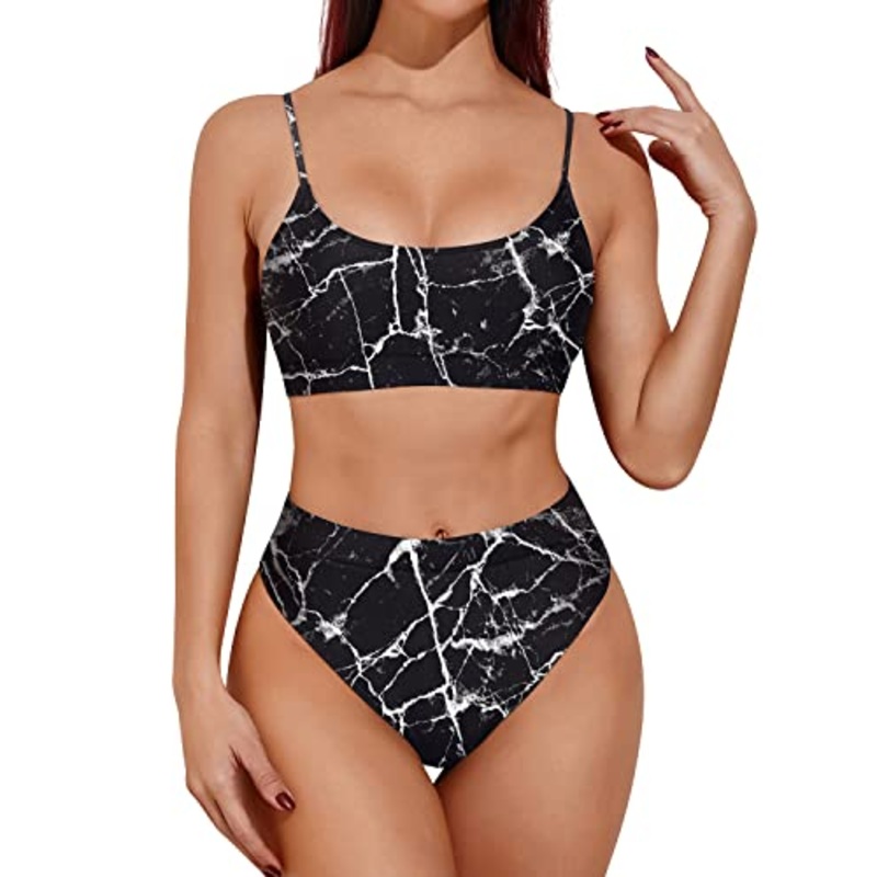 Tummy Control High Waisted Bikini Sporty Scoop Neck Swimsuits-Black Marble