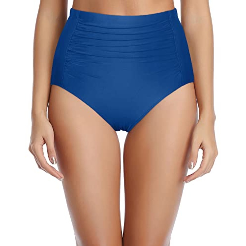Tummy Control Swimsuit Bottoms Flattering Ruched Pattern-Blue