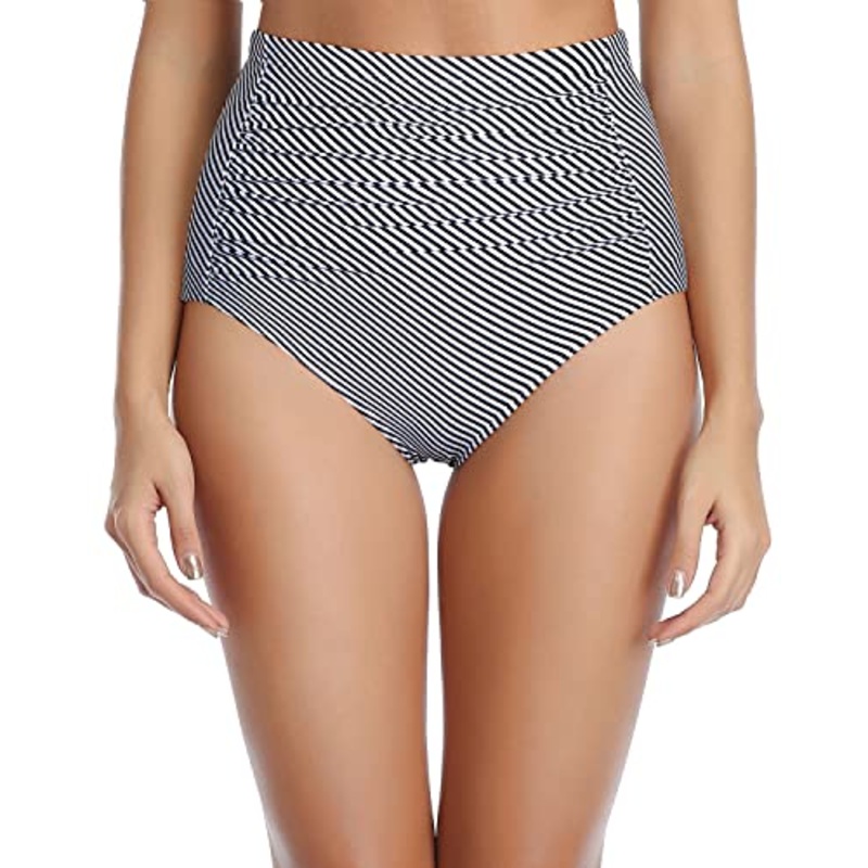 Tummy Control Swimsuit Bottoms Ruched Bathing Suit Bottom-Black And White Stripe