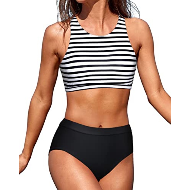 Tummy Control Swimsuits Bottom 2 Piece Bathing Suits For Teen Girls-Black And White Stripe