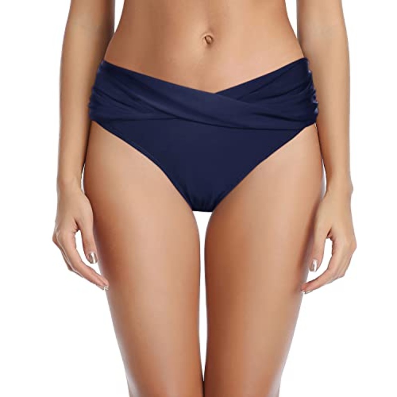 Twist Band Bikini Bottom V Cut Full Coverage Bathing Suit Bottoms-Navy Blue