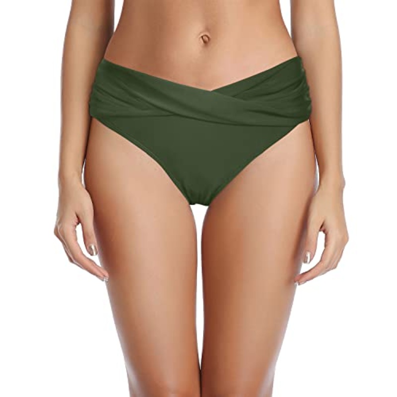 Twist Bikini Bottom Cheeky High Cut Bathing Suit Bottoms Ruched Swim Bottoms-Army Green