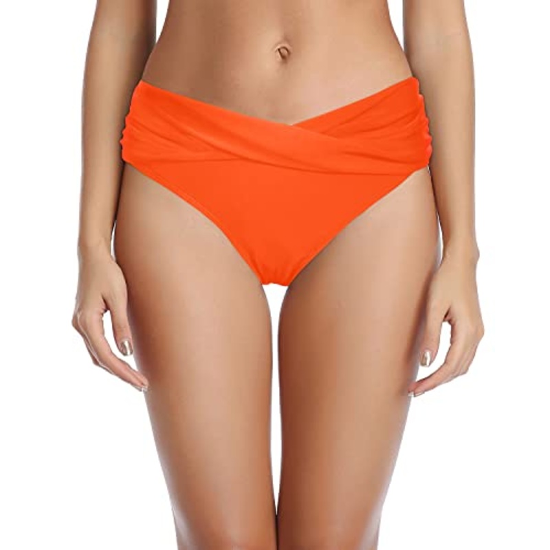 Twist Bikini Bottom Ruched Cheeky High Cut Bathing Suit Bottoms-Neon Orange