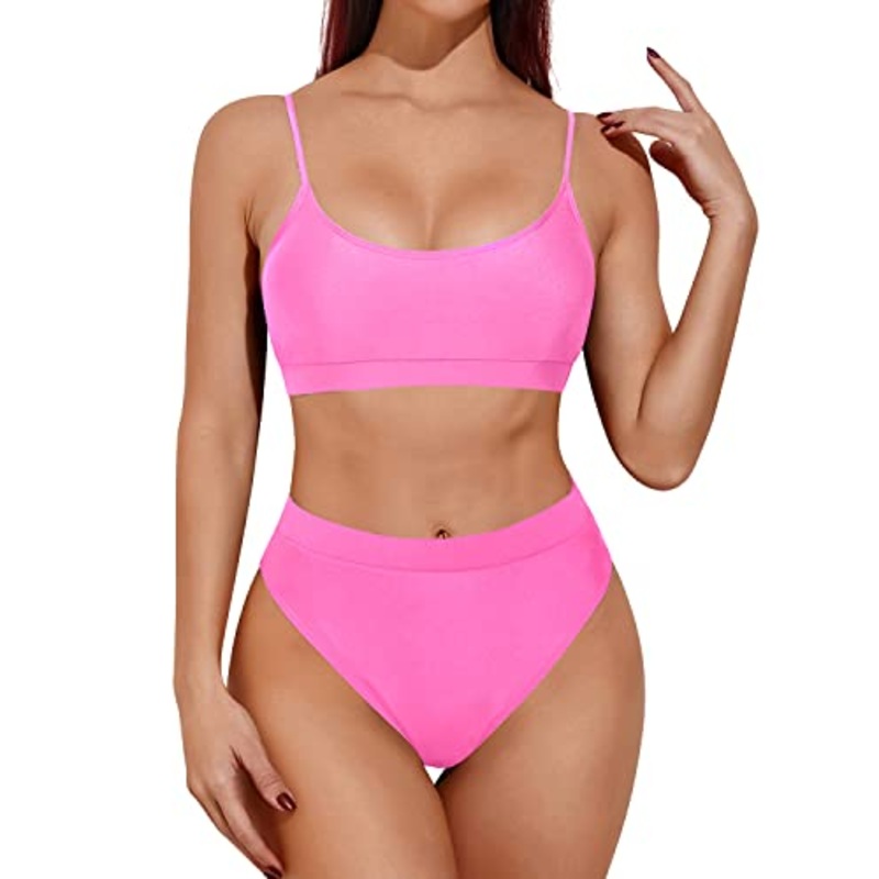 Two Piece High Waisted Bikini Sporty Scoop Neck Swimsuits-Light Pink