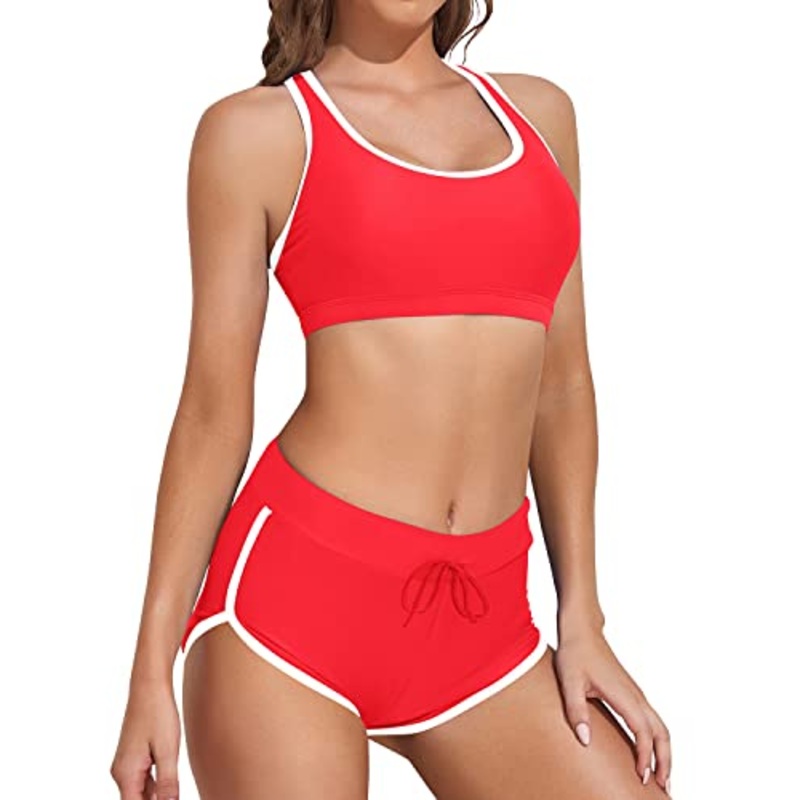 Women Athletic 2 Piece Swimsuit Bikini For Vacation-Red White