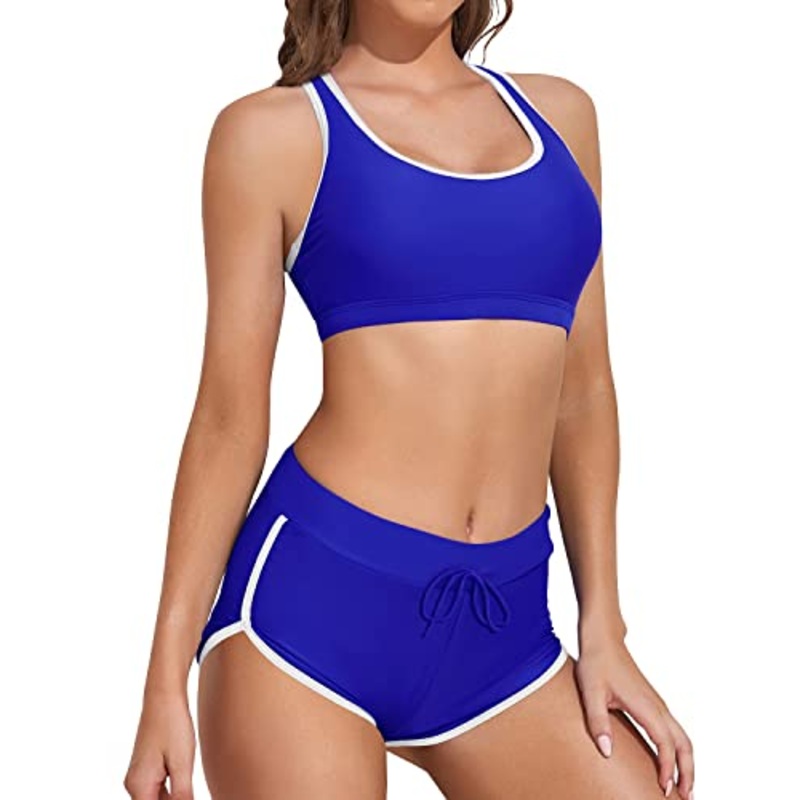 Women Athletic Mid Waist Womens Boyleg Short Bottoms-Royal Blue White