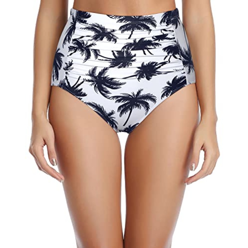 Women High Waisted Bikini Bottom Tummy Control Ruched Bathing Suit Bottom-Black Palm Tree
