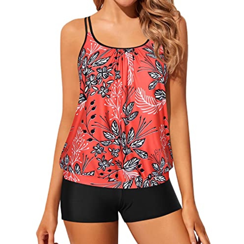Women High Waisted Boyshort Tankini Bottoms Bathing Suits-Red Floral