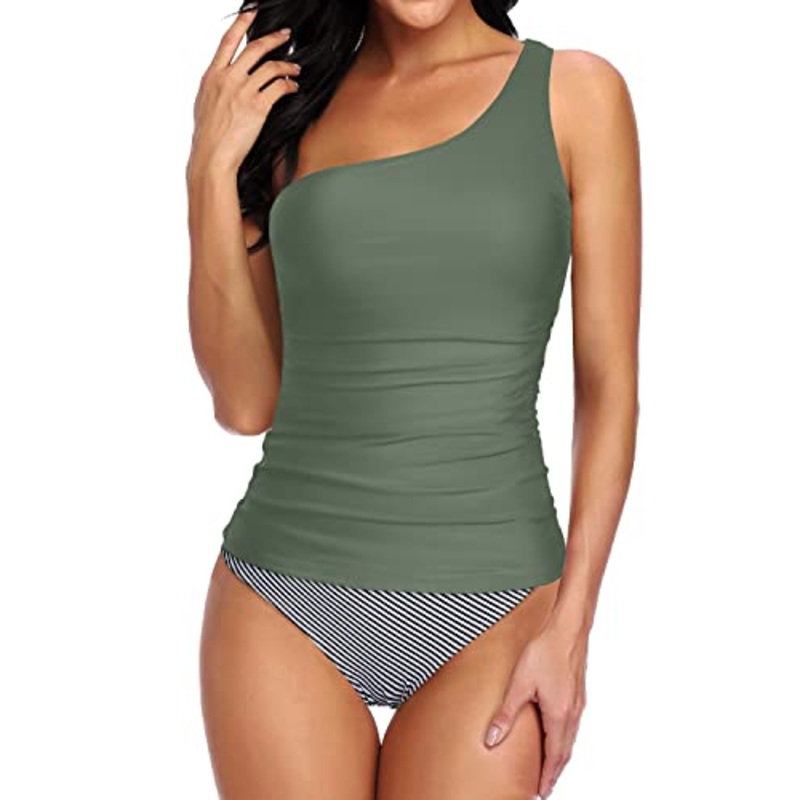 Women One Shoulder Tankini Top Bikini Bottoms For Tummy Control Swimwear-Army Green