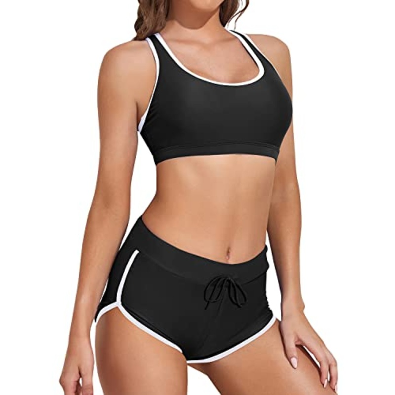Women Racerback Crop Top Shorts Bathing Suits-Black And White