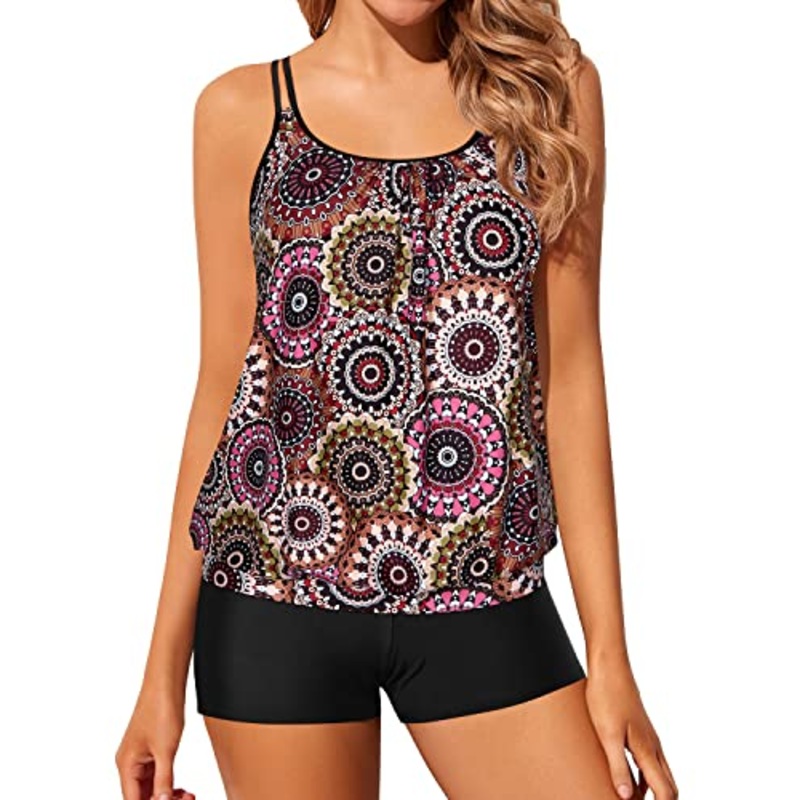 Women Ruched Scoop Neck Design Blouson Tankini Swimsuits-Brown Print