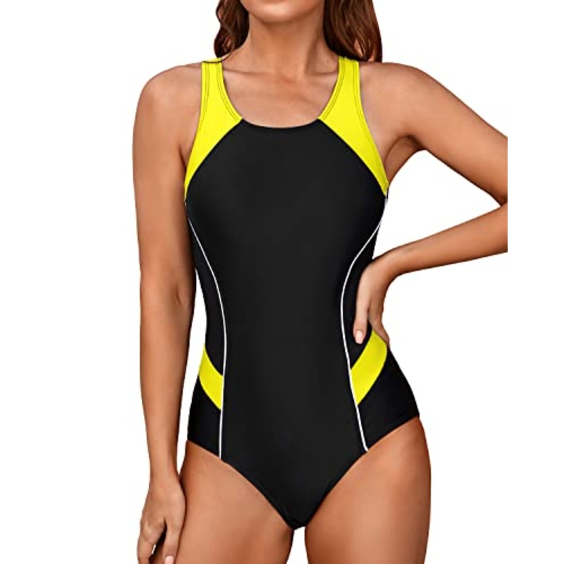 Women's Athletic Crisscross Racerback One Piece Swimsuit-Black