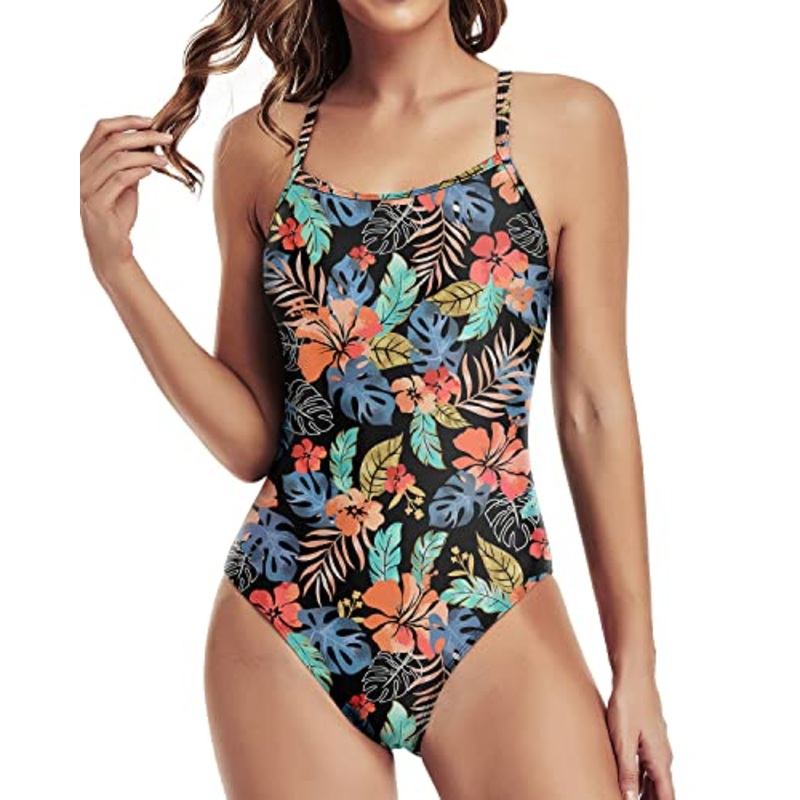 Women's Athletic One Piece Swimsuit Training Support-Black Red Flower