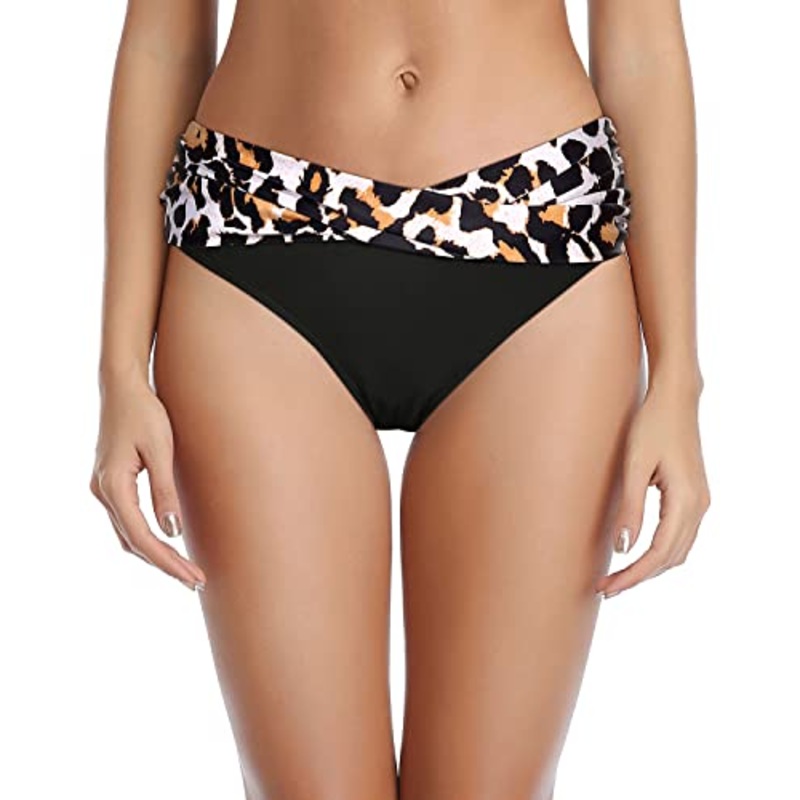 Women's Cheeky Twist Band V Cut Swimsuit Bottoms-Black And Leopard