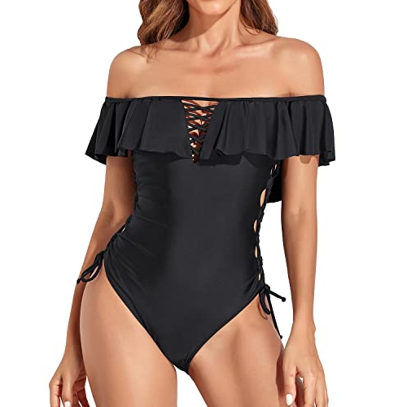 Women's Off Shoulder Ruffled Flounce One Piece Swimsuit-Black