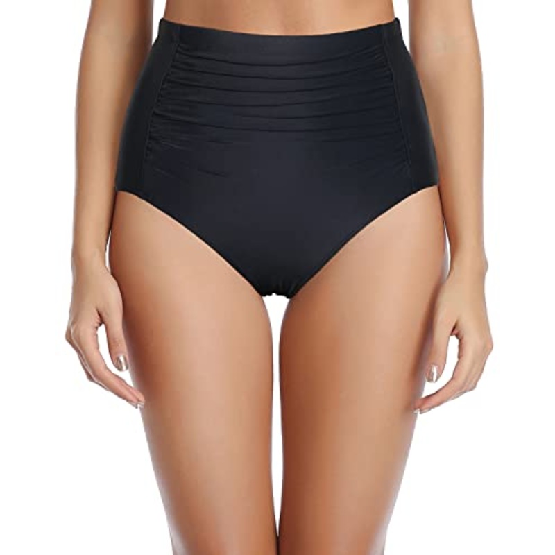Women's Ruched Bathing Suit Bottom High Waisted Bikini Bottoms-Black