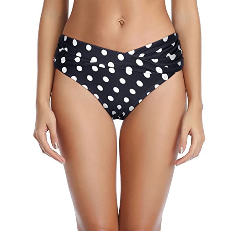 Women's Ruched V Cut Swimsuit Bottoms-Black Dot