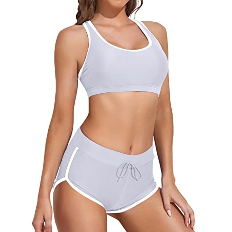 Women Sporty Racerback Crop Top Shorts Bathing Suits-Light Gray