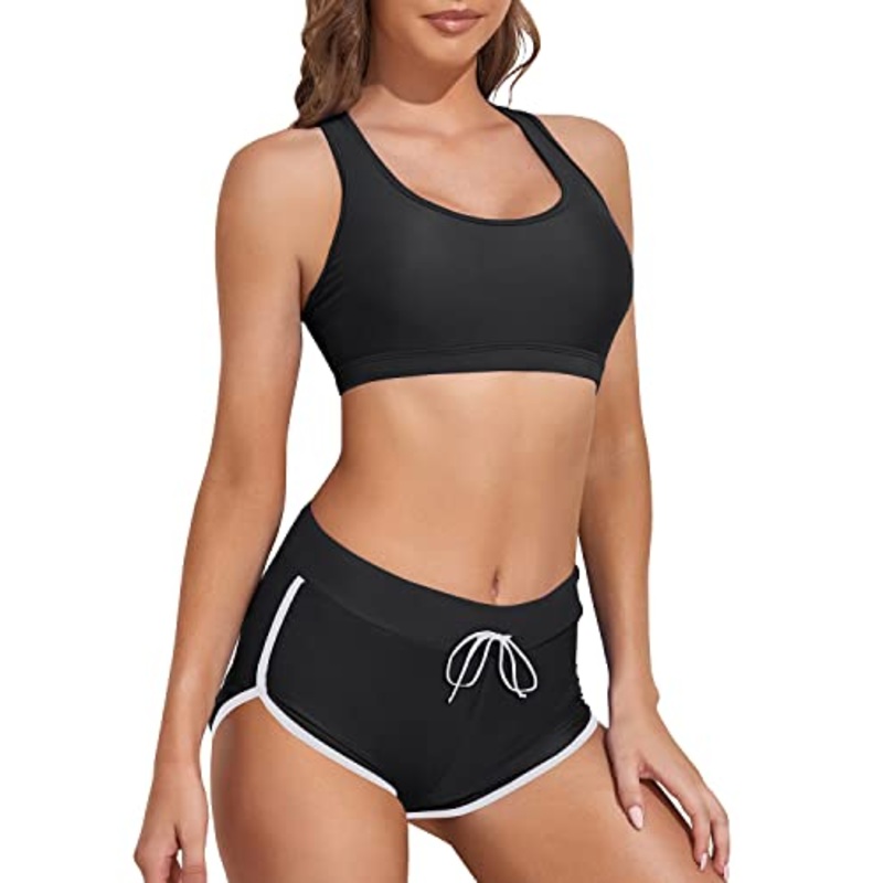 Women Two Piece Sports Bikini Athletic Swimsuits-Black And White