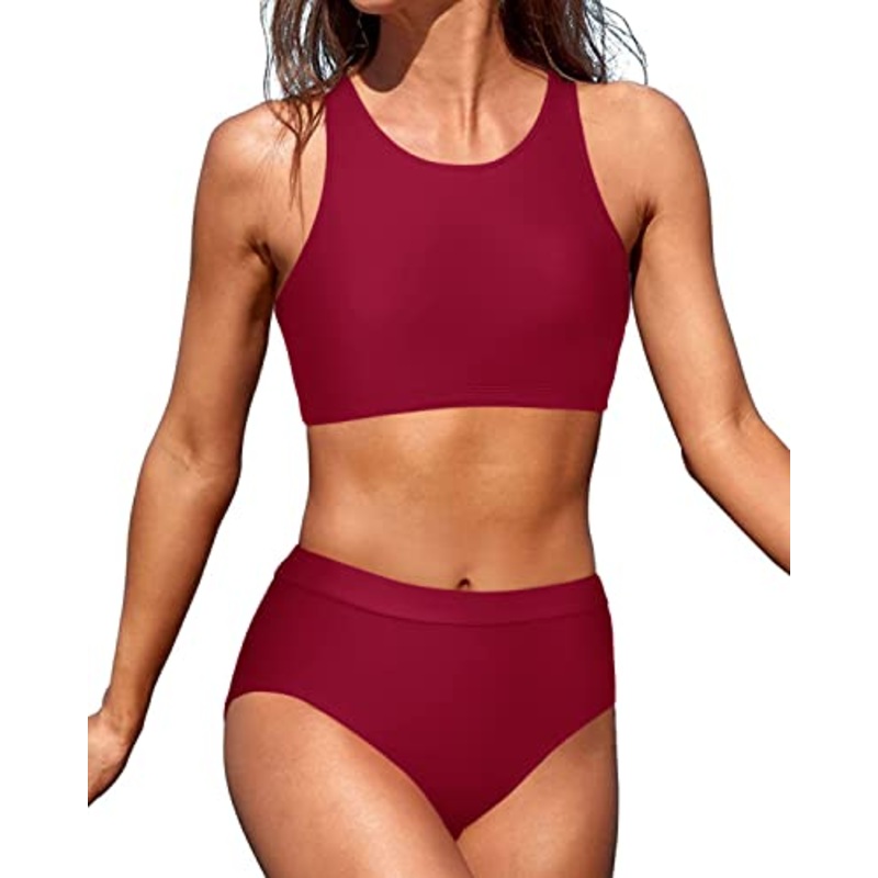 Women Two Piece Swimsuits High Waisted Bikini Set-Red