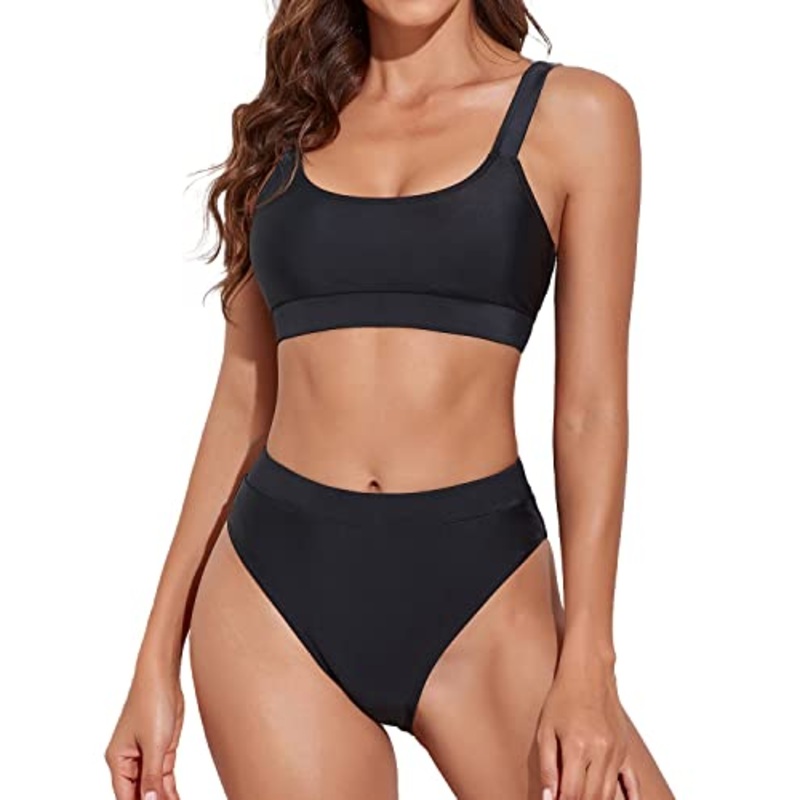 2 Piece Adjustable Shoulder Straps High Waisted Bikini Swimsuits-Black