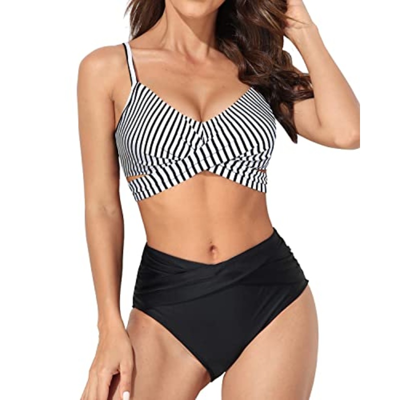 2 Piece Criss Cross Push Up Wrap Bikini Set High Waisted Bottom -Black And White Stripe