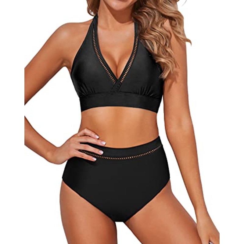 2 Piece High Waisted Deep V Neck Two Piece Swimsuits For Women-Black