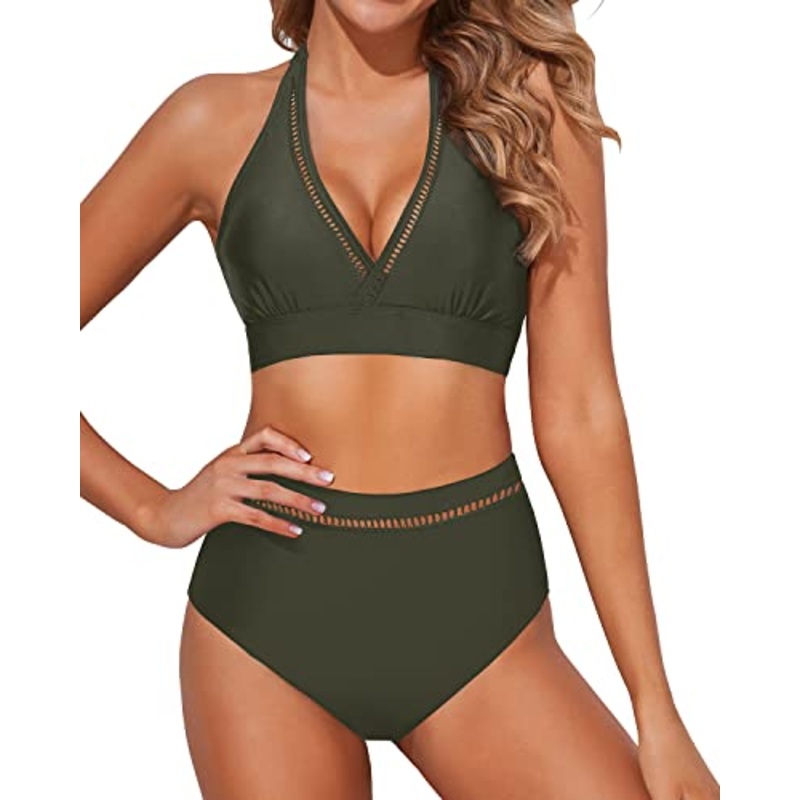 2 Piece Trendy Deep V Neck High Waisted Bikini Sets For Women-Army Green