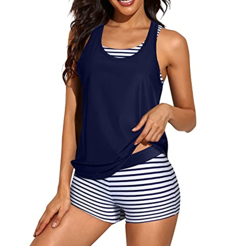 3 Piece Women's Scoop Neck Criss Cross Tankini Swimsuits-Blue White Stripe