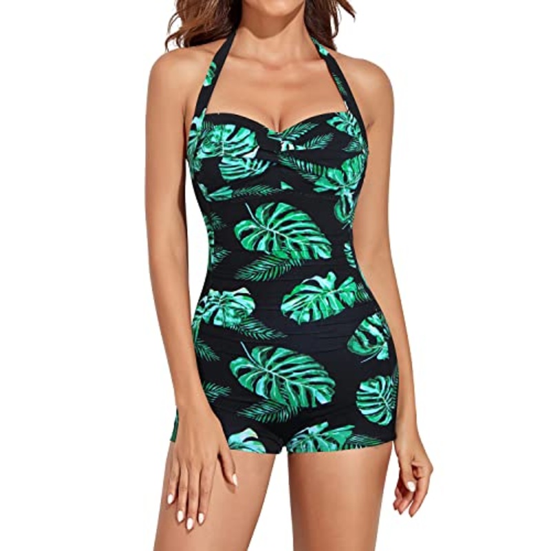 Adjustable Halter Neck Swimsuits Shorts Boyleg-Black And Green Leaf