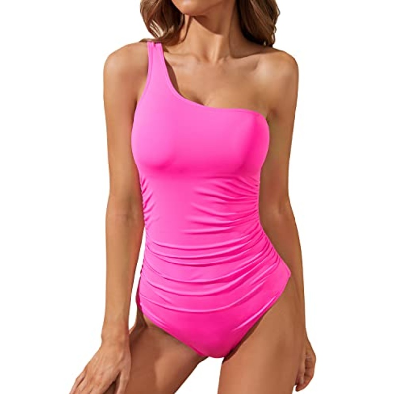 Adjustable Removable Strap One Shoulder One Piece Swimsuits For Women-Neon Pink
