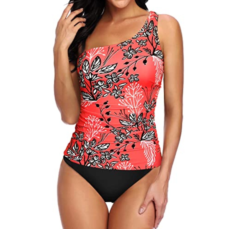 Asymmetric One Shoulder Strap Suit For Women Tankini Two Piece-Red Floral
