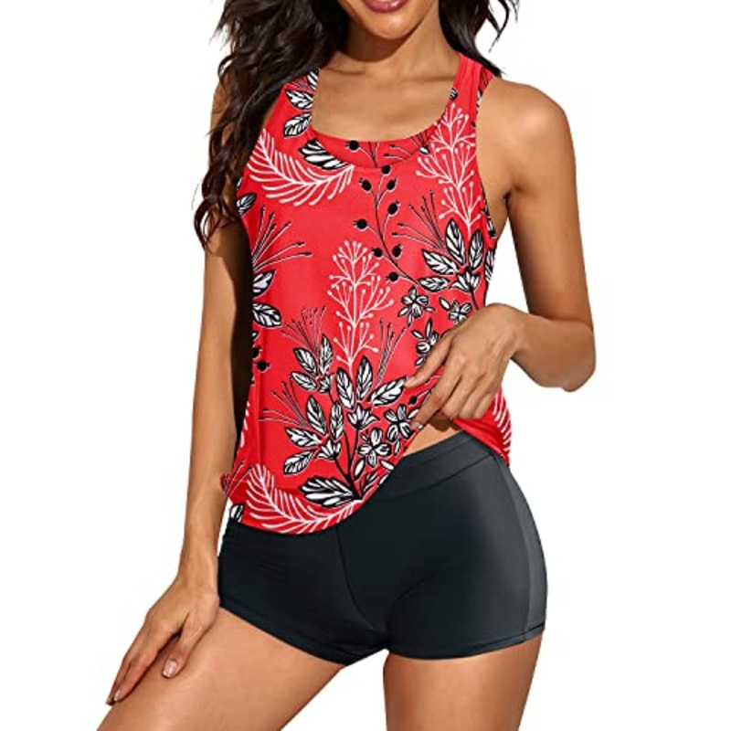 Athletic 3 Piece Tankini Swimwear Keyhole For Women-Red Floral