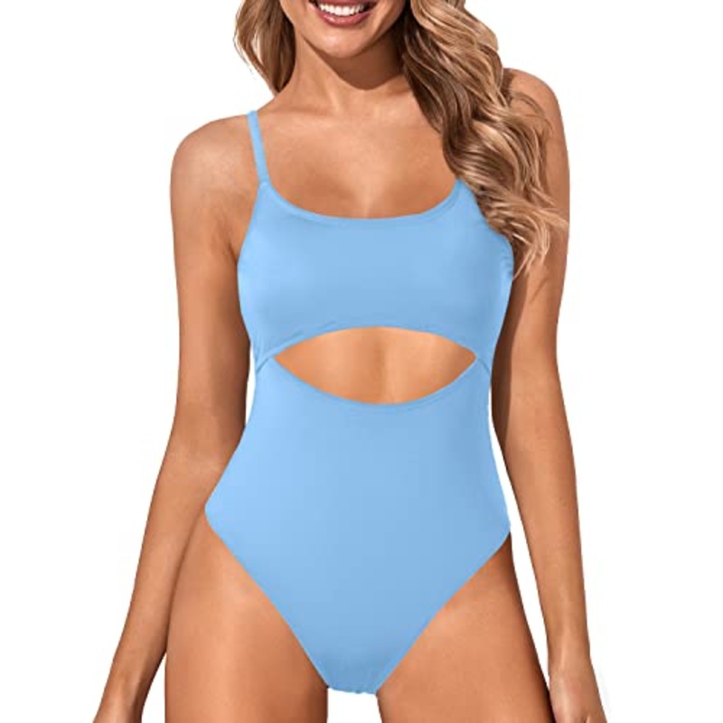 Cutout Strappy Lace Up One Piece Swimwear For Women-Light Blue